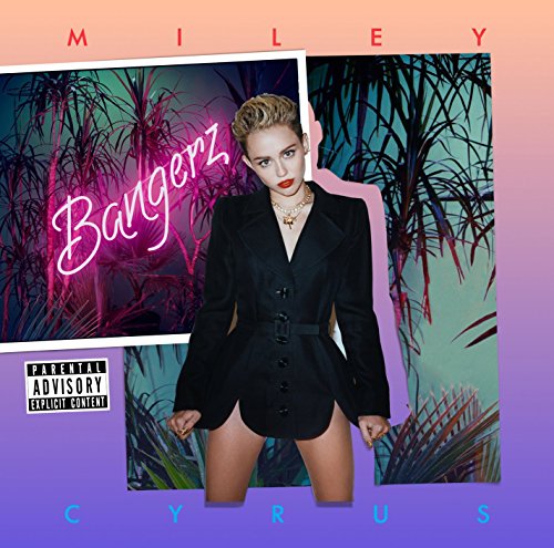 Miley Cyrus “Bangerz” album cover with neon text and palm trees.