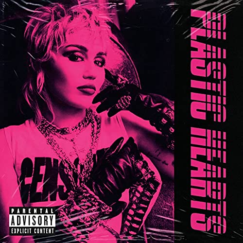 Miley Cyrus album cover, "Plastic Hearts", in vibrant pink and black.