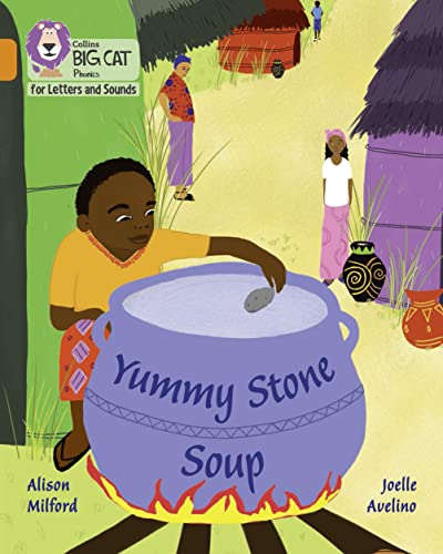 Illustration of a boy stirring a large pot of soup in a village.