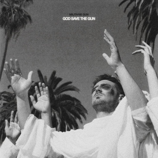 Black and white album cover with a man and raised arms, palm trees.