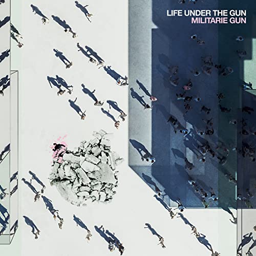 An album cover with a gray background and silhouettes of people walking in various directions.