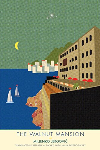 Book cover illustration of a coastal mansion, sailboats, crescent moon, and mountains at night.