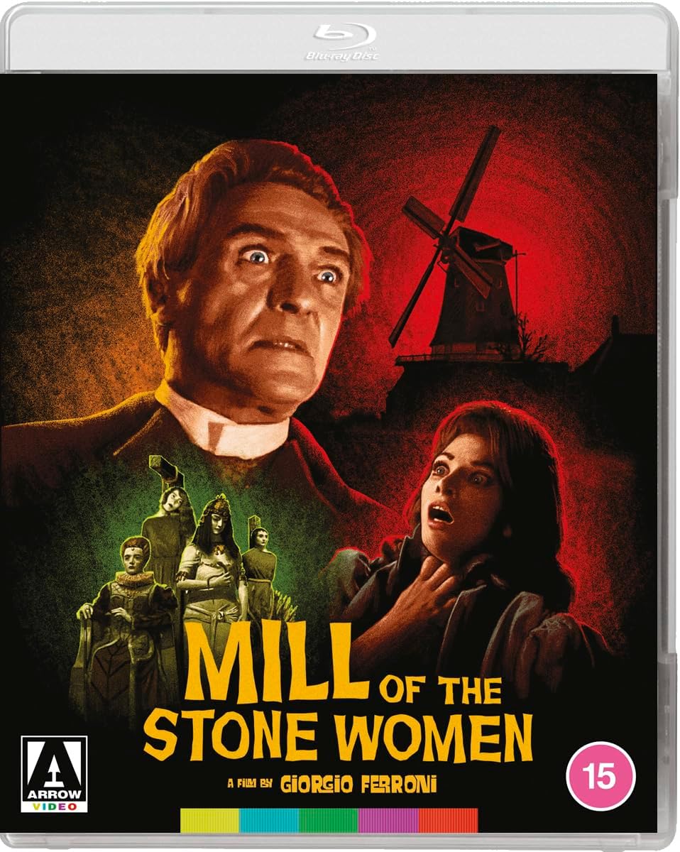 Blu-ray cover for “Mill of the Stone Women” with shocked faces and a windmill.