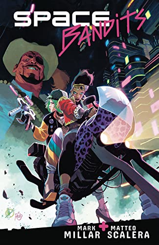 Comic book cover featuring three futuristic characters on a speeding vehicle.