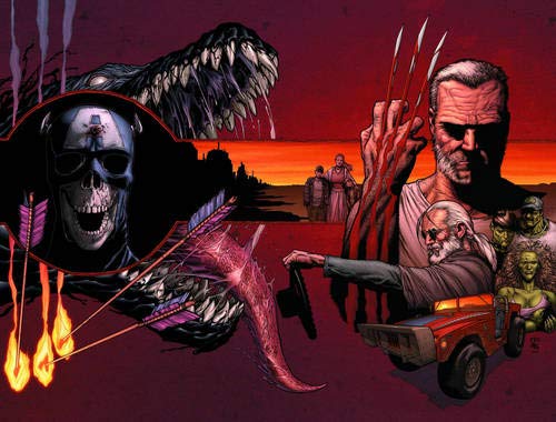Old Man Logan cover art featuring Wolverine, a dinosaur, and a skull.