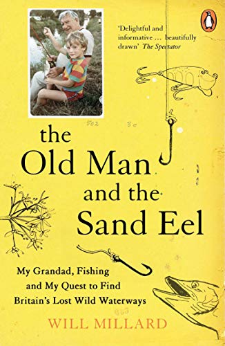 Book cover: man and boy fishing, with eel illustration, yellow background.