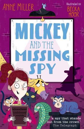 Book cover: “Mickey and the Missing Spy” with girl, animals, and shadow.