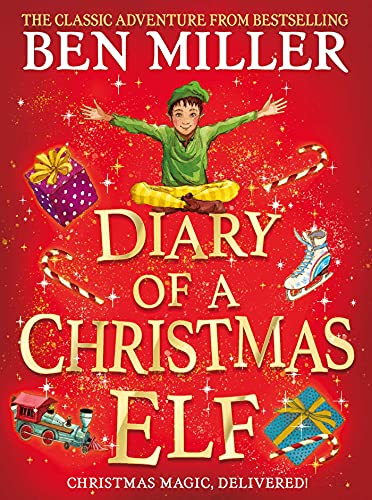 Book cover featuring a smiling elf, gifts, candy canes, and title Diary of a Christmas Elf.