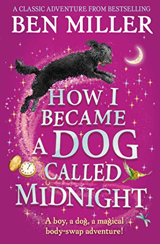 Book cover featuring a black dog jumping against a pink background with stars.