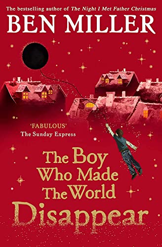 Book cover showing a boy floating above houses against a red starry background.