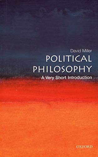 Book cover titled Political Philosophy by David Miller with a dark blue and orange background.