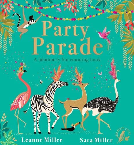 Book cover illustration featuring a flamingo, zebra, deer, and ostrich on teal background.