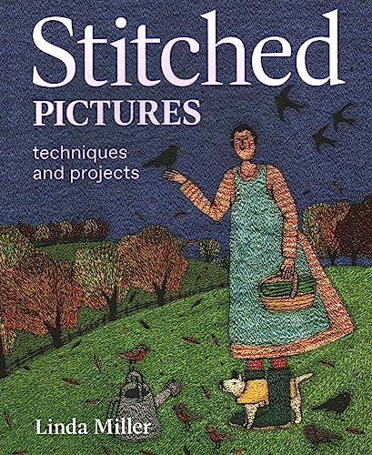 Book cover: “Stitched Pictures” with illustrated woman and birds.