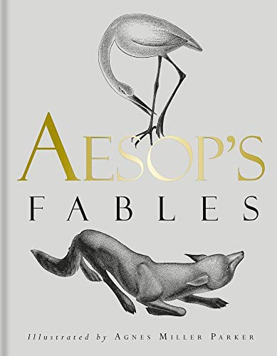 Book cover for “Aesop’s Fables” with illustrations of a stork and fox.