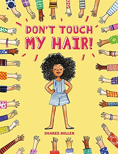 A girl with curly hair stands surrounded by many reaching hands on yellow background.