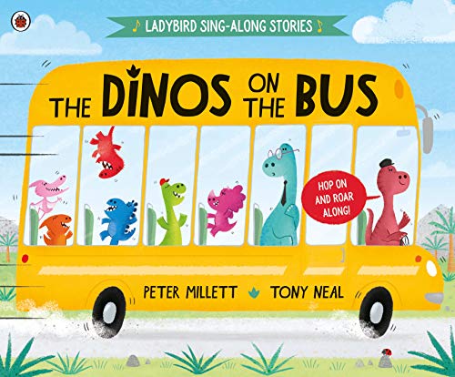 Yellow school bus filled with colorful cartoon dinosaurs.