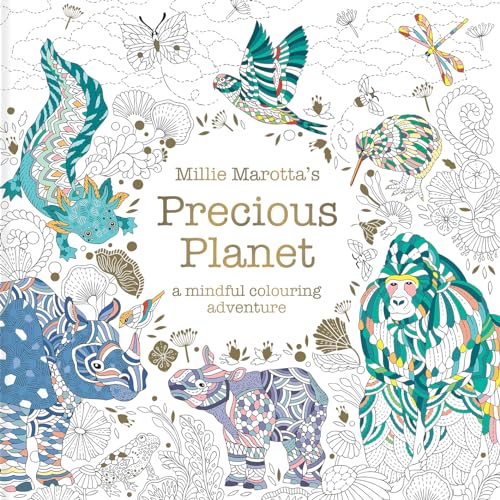 Colouring book cover with detailed illustrations of animals and plants.