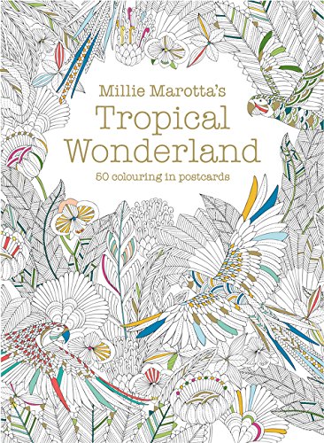 Intricate black and white line drawing of tropical plants and birds.