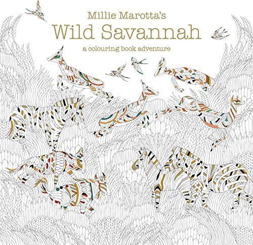 Detailed line drawing of African savanna animals like zebras and gazelles.