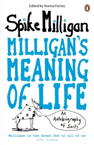 Book cover: "Milligan's Meaning of Life" with blue text and a cartoon goat.