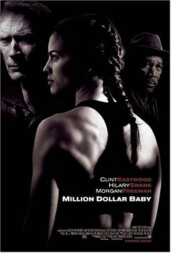“Million Dollar Baby” DVD cover featuring Clint Eastwood, Hilary Swank, and Morgan Freeman.