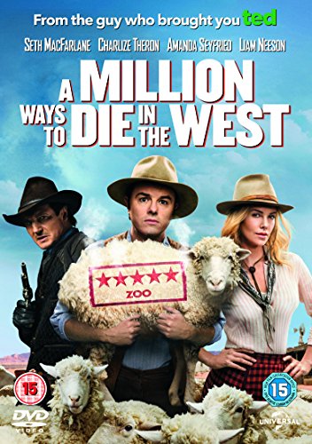 DVD cover for “A Million Ways to Die in the West” with actors and sheep.