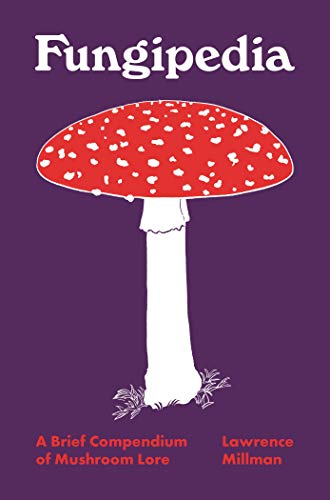 Book cover of Fungipedia with a red and white mushroom on a purple background.