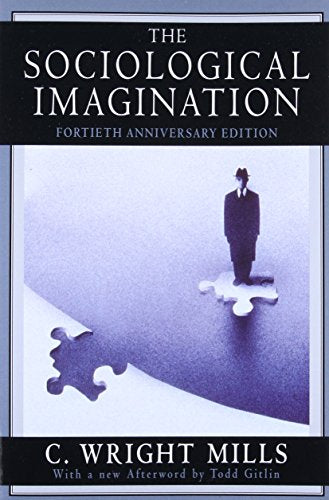 Book cover: "The Sociological Imagination" with a man on a puzzle piece.