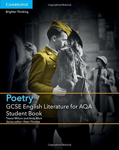 Textbook cover: “Poetry GCSE English Literature for AQA” with a wartime image.