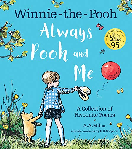 Book cover: boy with Pooh, balloon, and floral decorations.