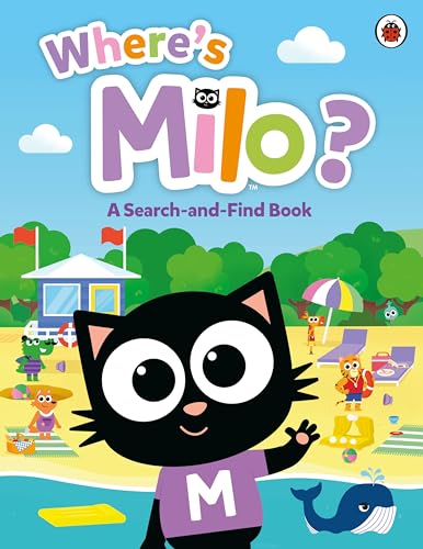 Book cover featuring black cat Milo on a sunny beach scene.