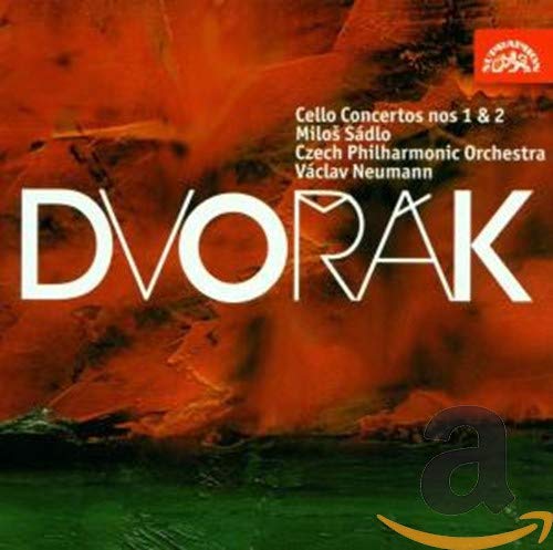 CD cover for Dvorak’s Cello Concertos, featuring red and white text.