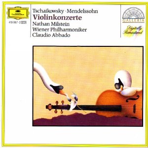 CD cover featuring two swans and a violin against a red background.