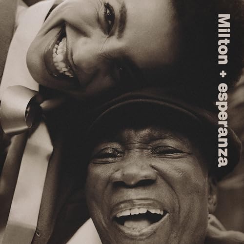 Close-up of Milton Nascimento and Esperanza Spalding smiling, album cover.