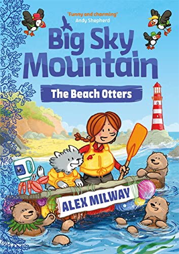Book cover with a girl, otters, and a coastal mountain scene.