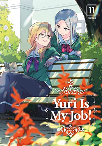 Manga cover: two young women on a park bench with flowers.