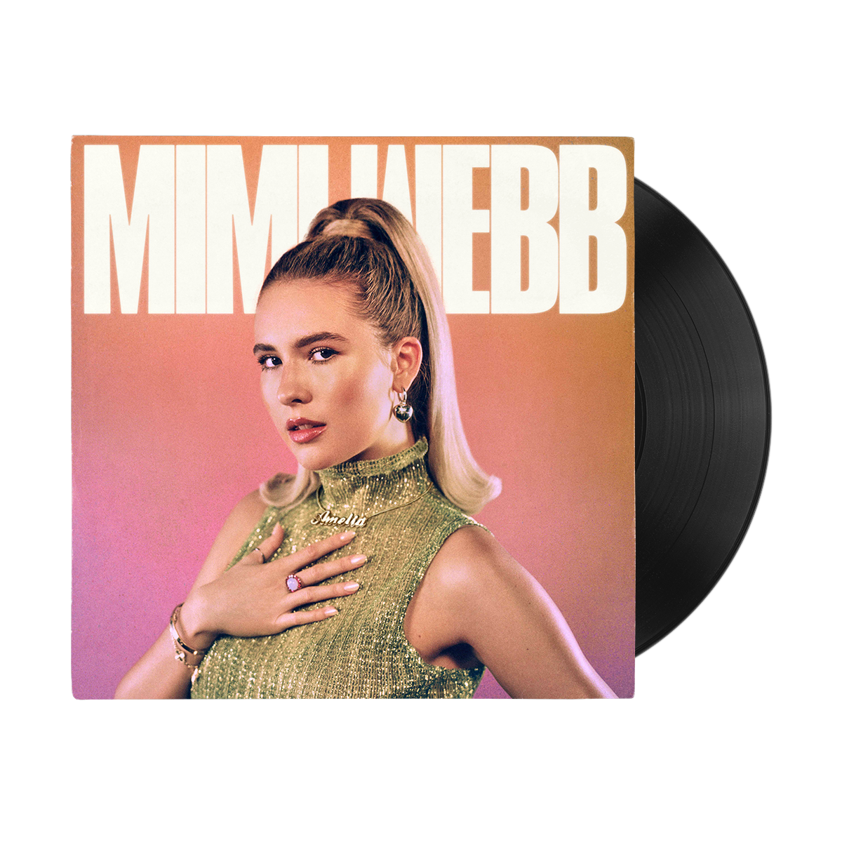 "Vinyl record with album cover featuring a woman in a gold dress."