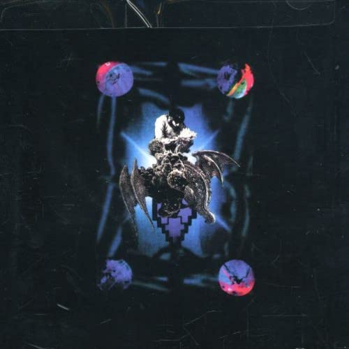 A dark, abstract CD cover featuring a central winged figure and four colorful orbs.