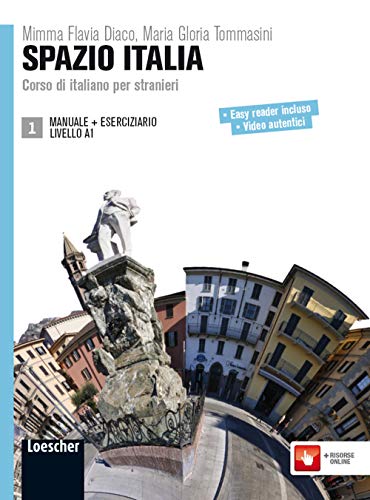 Italian language textbook cover with a statue and city buildings.