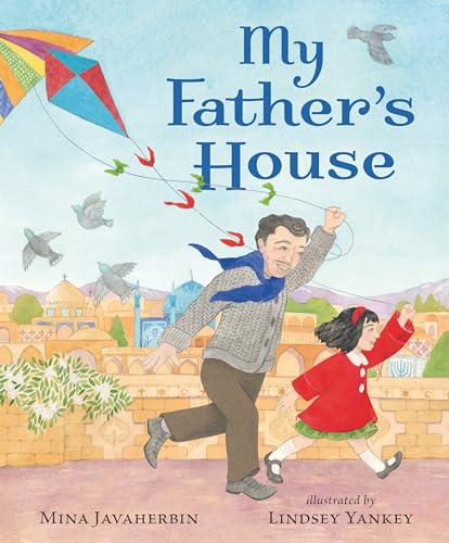 Book cover: father and daughter flying a kite in a city.