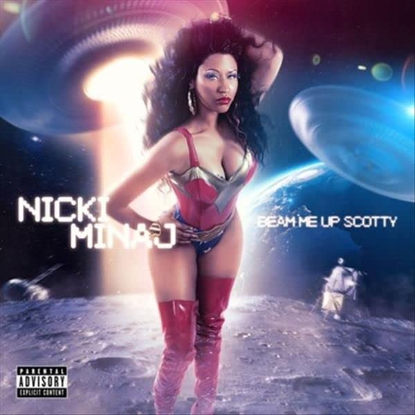 Nicki Minaj in sci-fi attire, surrounded by spaceships and a lunar landscape.