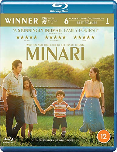 “Minari” Blu-ray cover featuring a family walking hand-in-hand in a field.
