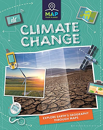 Book cover: "Climate Change" with maps, wind turbines, and drought imagery.