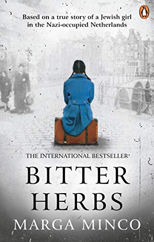 Book cover: girl with suitcase, Dutch town backdrop, wartime aesthetic.