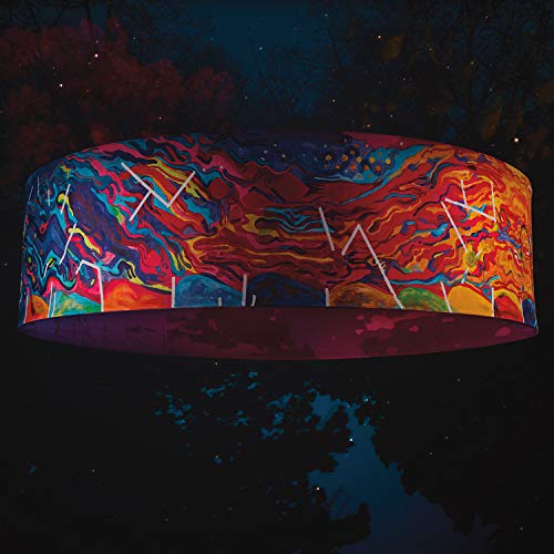 Colorful, swirling abstract art on a circular object against a dark sky.