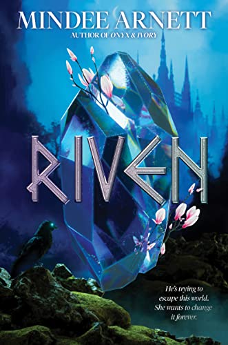 Book cover: "Riven" with a large crystal, castle, and bird.