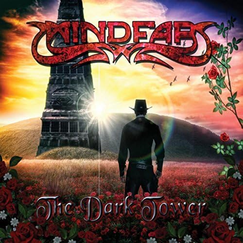 CD cover: tower, figure in a field, red roses, sunset sky.