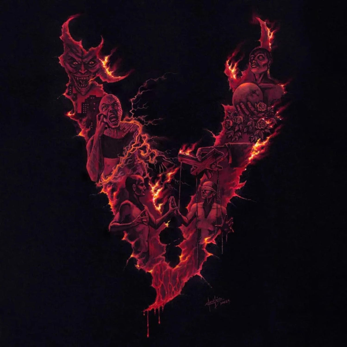 Dark album cover featuring figures engulfed in flames and stormy skies.
