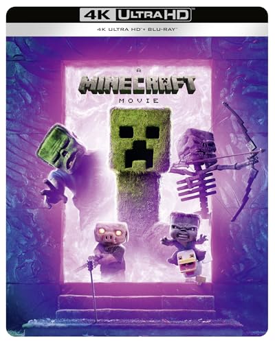 A Minecraft Movie 4K Ultra HD Blu-ray cover featuring various Minecraft creatures.
