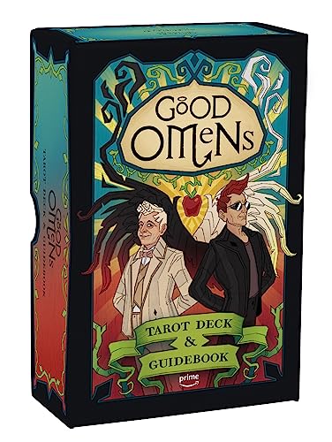Black tarot deck box featuring illustrated characters and “Good Omens” title.